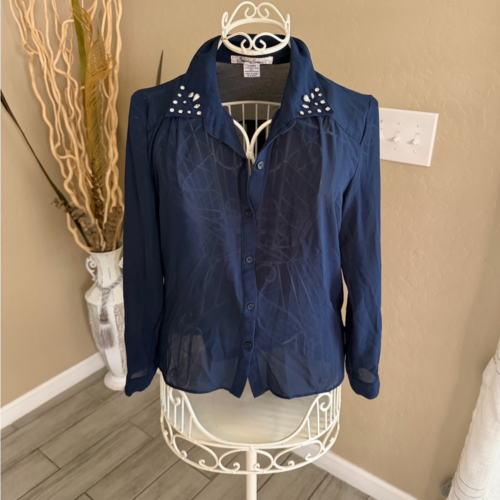 Studded Collar Navy Long Sleeve Button-Up Jacket